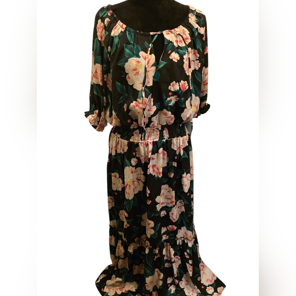 On 34th Floral Midi Dress — Size 1X, Black Pink Green Print